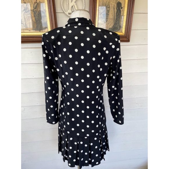 Vintage 1980s Black White Polka Dot Pleated Dress - Picture 2 of 12